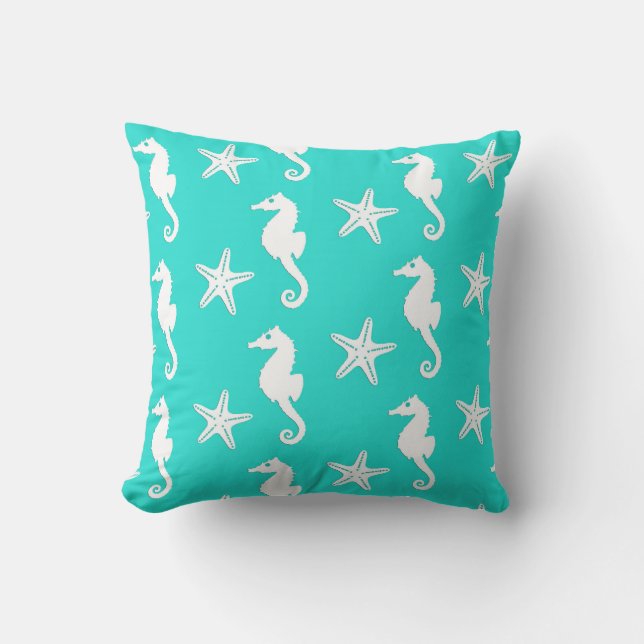 Seahorse &amp; starfish - Turquoise and White Throw Pillow (Front)