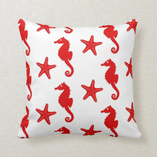 Seahorse & starfish - white and dark coral red throw pillow