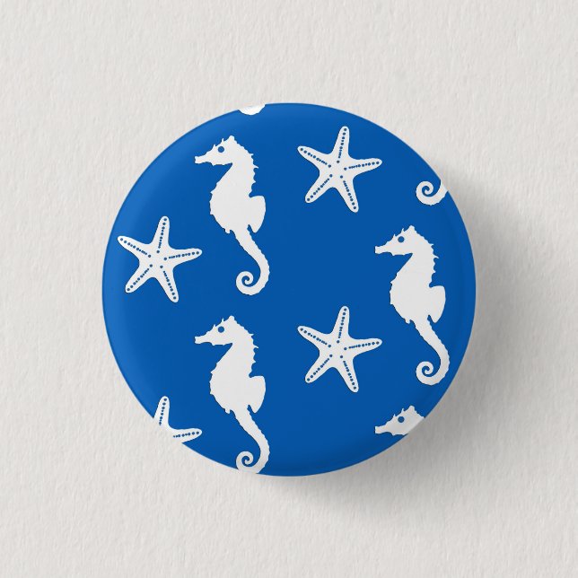 Seahorse & starfish - white on cobalt blue 1 inch round button (Front)