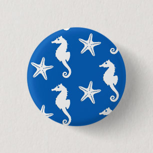 Seahorse & starfish - white on cobalt blue 1 inch round button