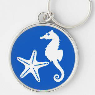 Seahorse & starfish - white on cobalt blue keychain