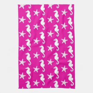 Seahorse & starfish - white on fuchsia pink kitchen towel