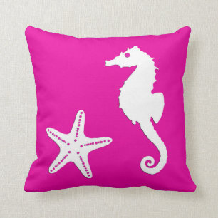 Seahorse & starfish - white on fuchsia pink throw pillow