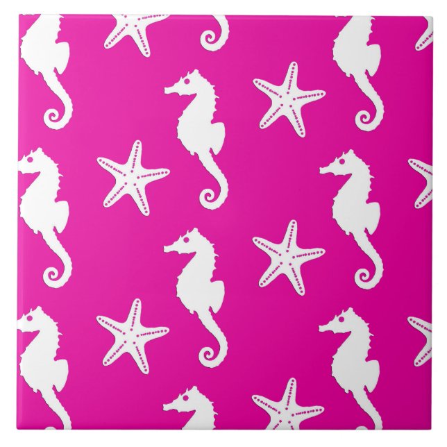 Seahorse & starfish - white on fuchsia pink tile (Front)