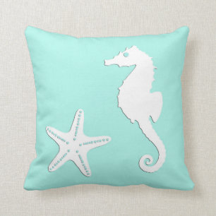 Seahorse & starfish - white on pale aqua throw pillow