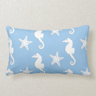 Seahorse & starfish - white on pale blue lumbar pillow