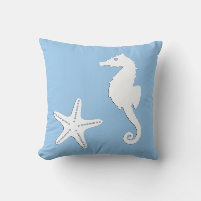 Seahorse & starfish - white on pale blue throw pillow (Front)