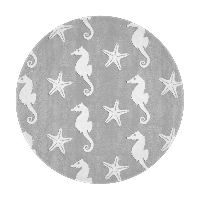 Seahorse & starfish - white on silver grey cutting board (Front)