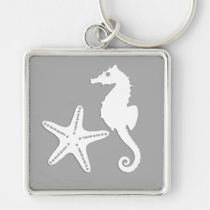 Seahorse & starfish - white on silver grey keychain