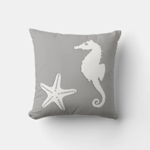Seahorse & starfish - white on silver grey throw pillow