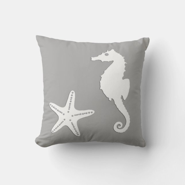 Seahorse & starfish - white on silver grey throw pillow (Front)