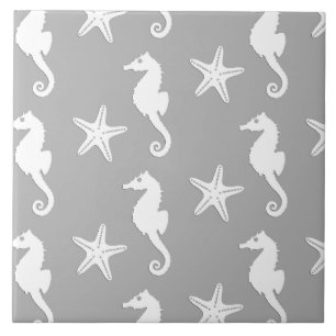Seahorse & starfish - white on silver grey tile