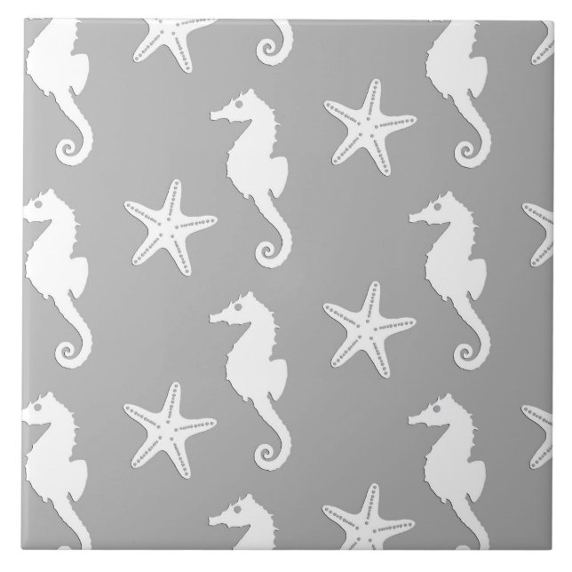 Seahorse & starfish - white on silver grey tile (Front)