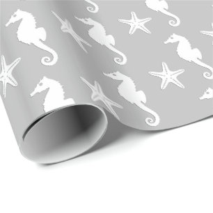 Seahorse & starfish - white on silver grey wrapping paper
