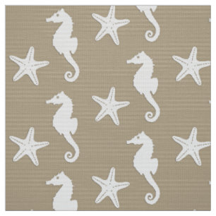 Seahorse & starfish - white on taupe tan fabric