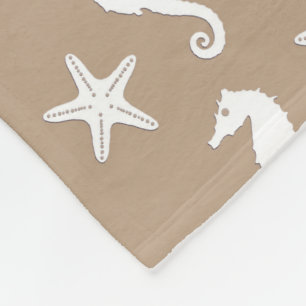 Seahorse & starfish - white on taupe tan fleece blanket