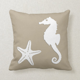 Seahorse & starfish - white on taupe tan throw pillow