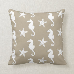 Seahorse & starfish - white on taupe tan throw pillow