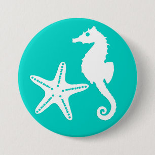 Seahorse & starfish - white on turquoise 3 inch round button