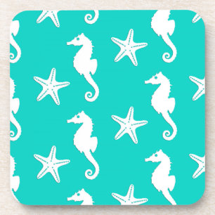 Seahorse & starfish - white on turquoise coaster