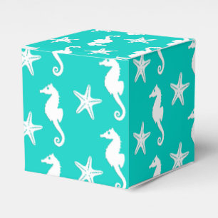 Seahorse & starfish - white on turquoise favor box