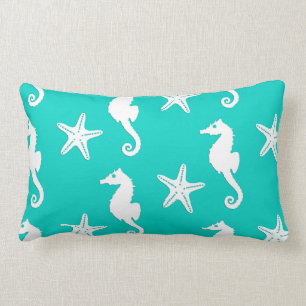 Seahorse & starfish - white on turquoise lumbar pillow