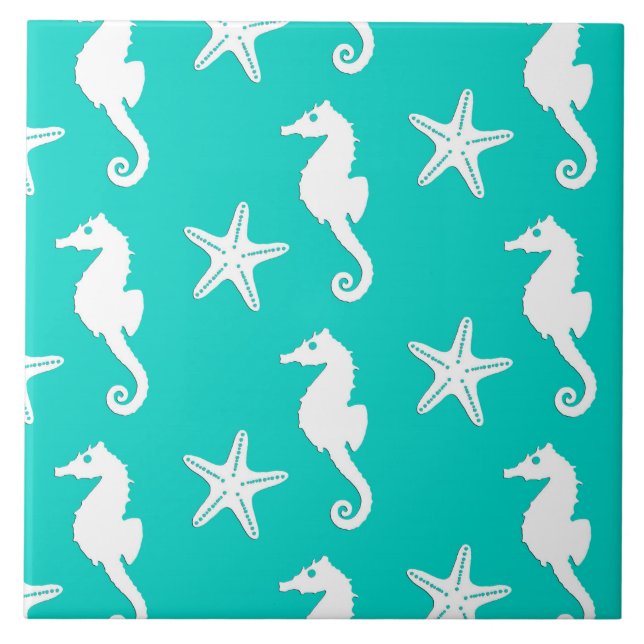 Seahorse & starfish - white on turquoise tile (Front)