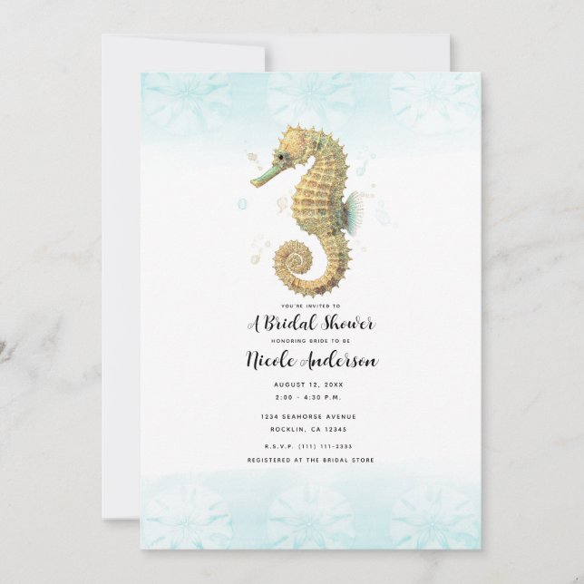 Seahorse Teal & Gold Watercolor Bridal Shower  Invitation (Front)