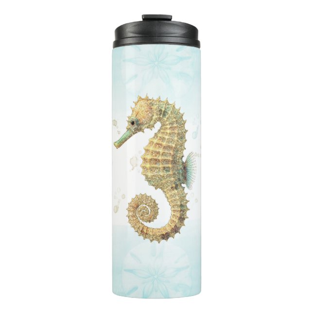 Seahorse Teal & Gold Watercolor Coastal Beach Thermal Tumbler (Front)