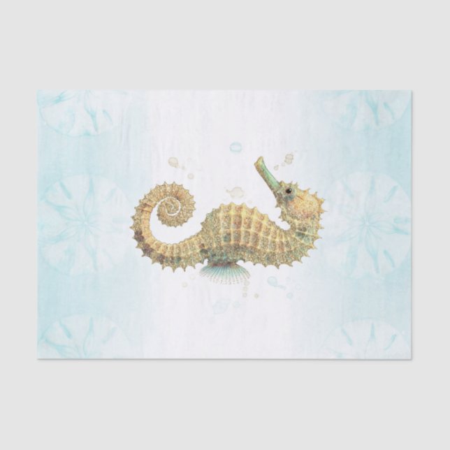 Seahorse Teal & Gold Watercolor Coastal Beach Tissue Paper (Front)