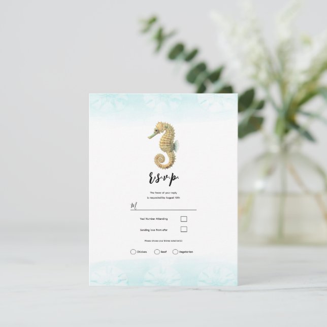 Seahorse Teal & Gold Watercolor Wedding RSVP Invitation (Standing Front)