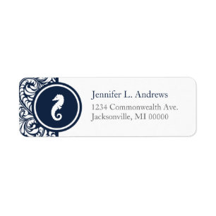 Seahorse Theme Navy Damask Return Address Labels