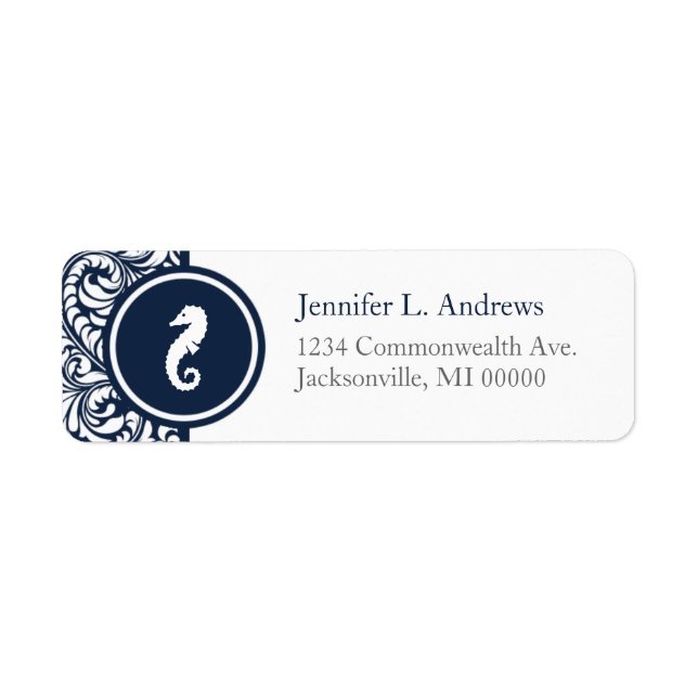 Seahorse Theme Navy Damask Return Address Labels (Front)