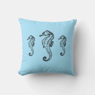 Seahorse Trio Blue Outdoor Pillow