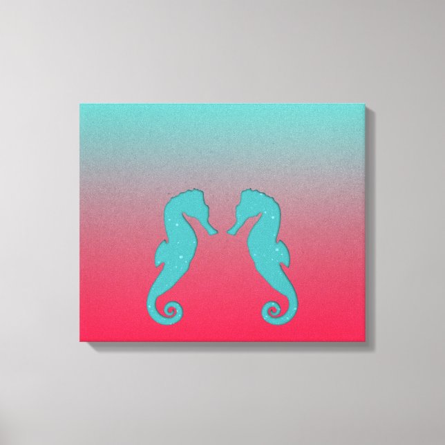 Seahorse turquoise aqua silhouettes Nautical beach Canvas Print (Front)