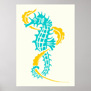Seahorse turquoise blue, yellow and seaweed poster