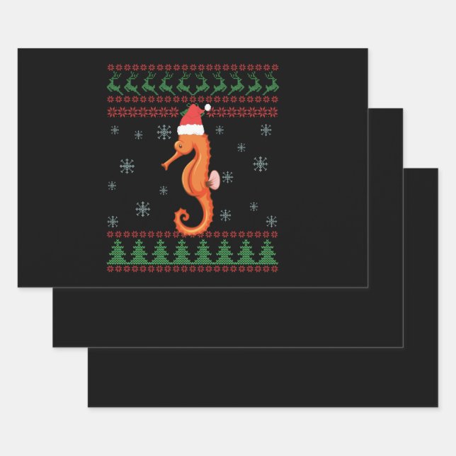 Seahorse Ugly Christmas Sweater Funny Sea Fish Wrapping Paper Sheet (Set)