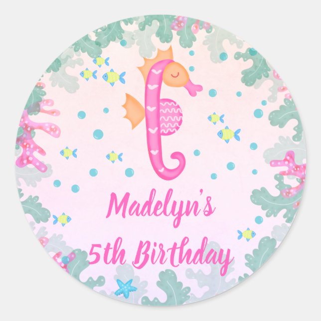 Seahorse Under The Sea Birthday Classic Round Sticker (Front)