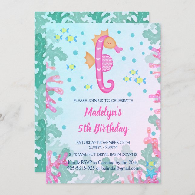 Seahorse Under The Sea Birthday Invitation (Front/Back)