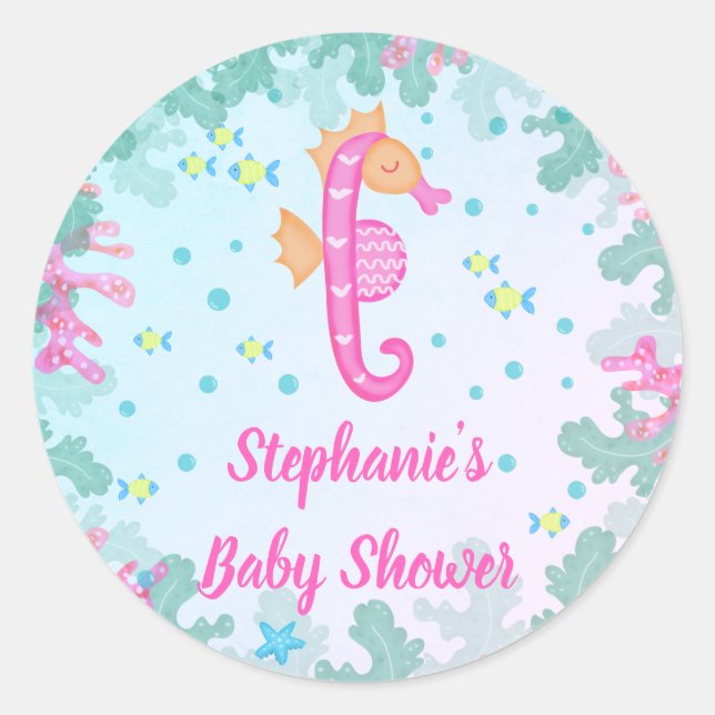 Seahorse Under The Sea Blue Baby Shower Classic Round Sticker (Front)