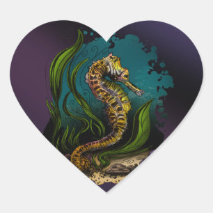 Seahorse Underwater Black Purple Gradient Heart Sticker