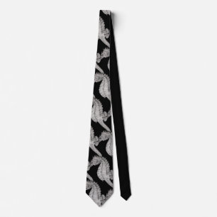Seahorse Vintage Print Black Silky Necktie