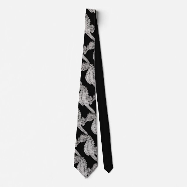 Seahorse Vintage Print Black Silky Necktie (Front)