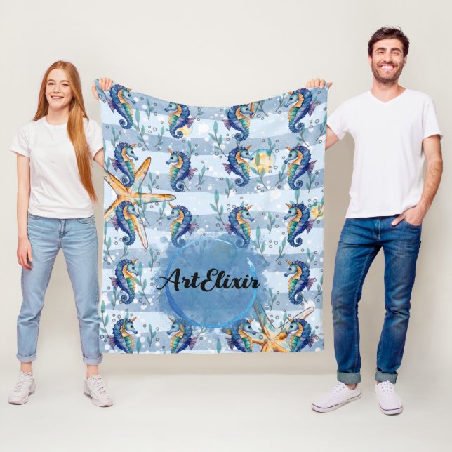 Seahorse Watercolor Blue Print Fleece Blanket (In Situ)