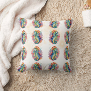 Seahorse Watercolor Colourful Pattern Throw Pillow
