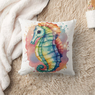 Seahorse Watercolor Colourful Print Throw Pillow