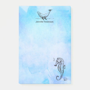Seahorse, Whale and Seashell on Blue Watercolor Post-it Notes