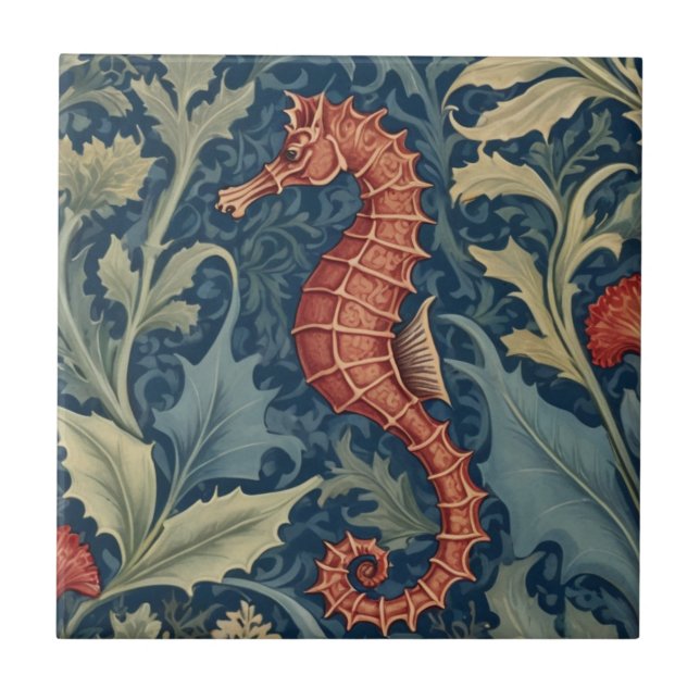 Seahorse William Morris style L Aquatic Sea Ocean Tile (Front)