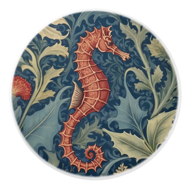 Seahorse William Morris style R Sea Ocean Marine Ceramic Knob (Front)