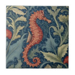 Seahorse William Morris style R Sea Ocean Marine Tile<br><div class="desc">"classy classic art nouveau", "green underwater orange seahorse", "hawaiian ocean marine animals", "william morris ceramic tile", "blue aquatic water life", "seaside dark navy red", "vintage right facing life", "nautical wildlife wild animal", "hawaii floral flower botanical", "traditional beach coast antique"</div>